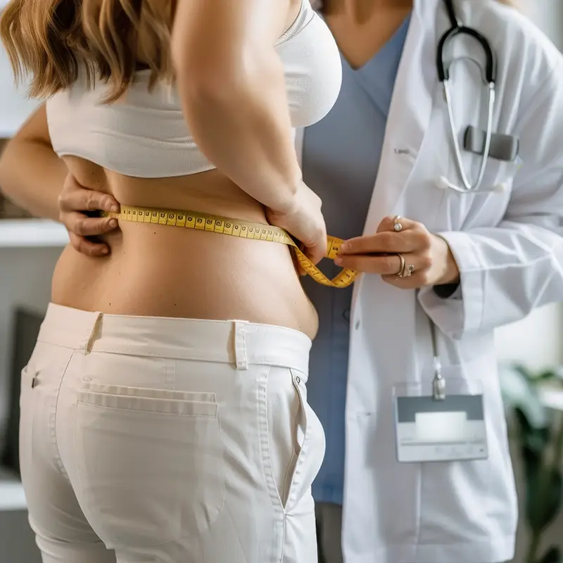 A female doctor checking a female patient's stomach size with a measuring tape
